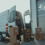 logistics courier loading packages to trunk of the van