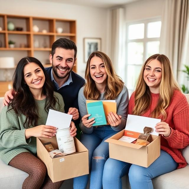 Satisfied subscribers receiving their subscription boxes at home, smiling while unboxing items, a cozy modern living room background, lifestyle photography style
