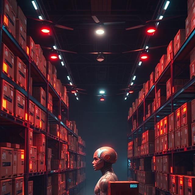A futuristic warehouse filled with smart packaging boxes equipped with glowing sensors and RFID tags, drones scanning the boxes, modern logistics technology, ultra-realistic, cinematic lighting