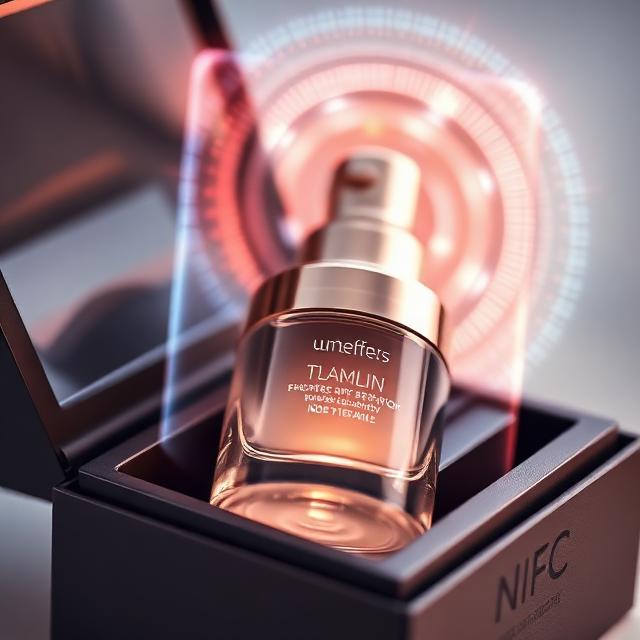 Close-up of a luxury cosmetic product in smart packaging with NFC tag and AR hologram emerging from the box, sleek design, high-end branding, photorealistic