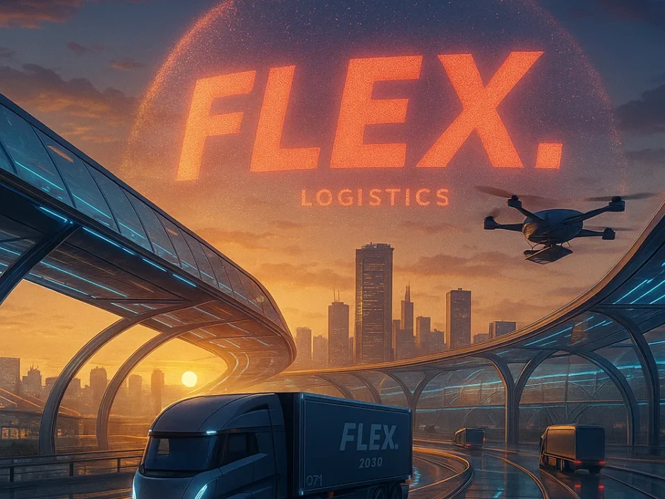 Futuristic 2030 logistics hub with AI-driven autonomous fleets and the FLEX Logistics digital dome.