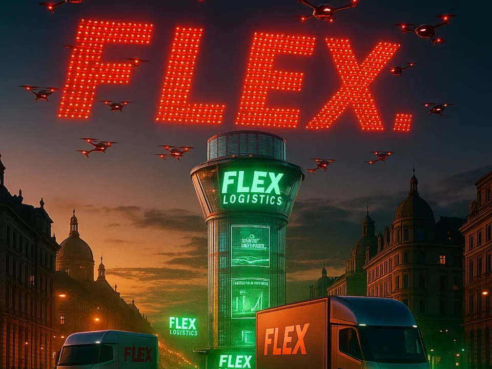 Futuristic city of 2030 showcasing FLEX Logistics’ carbon-intelligent transport systems.