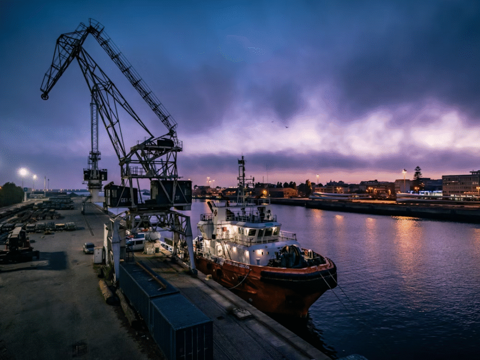 logistics ship in the evening docked in ports