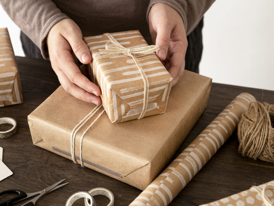 A person wrapping packages