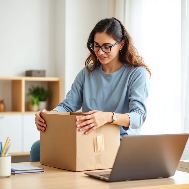 Modern e-commerce customer returning a package at home, clean workspace, laptop and cardboard box, natural daylight, professional lifestyle photography