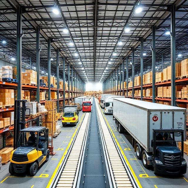 Modern cross-docking warehouse interior with conveyor belts, forklifts, and workers transferring goods directly from inbound to outbound trucks, highly organized, bright lighting, professional logistics environment.
