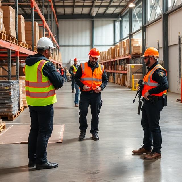 Team performing emergency drill in warehouse, following safety and security protocols, realistic and professional setting