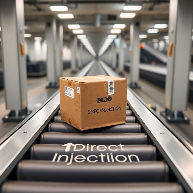 Parcel moving along a conveyor belt labeled ‘Direct Injection’ with arrows pointing to destination country.