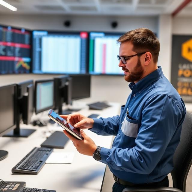 A logistics manager using a tablet to approve payments in a high-tech control room.