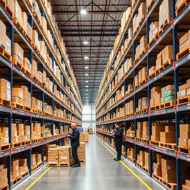 High-tech European warehouse with organized shelves, workers using handheld scanners, modern fulfillment operations