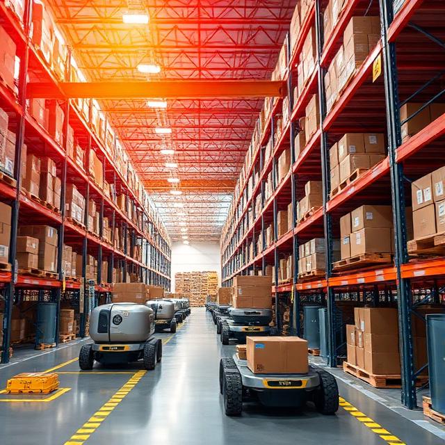 Warehouse robots and automated storage systems moving packages efficiently, high-tech e-commerce fulfillment center