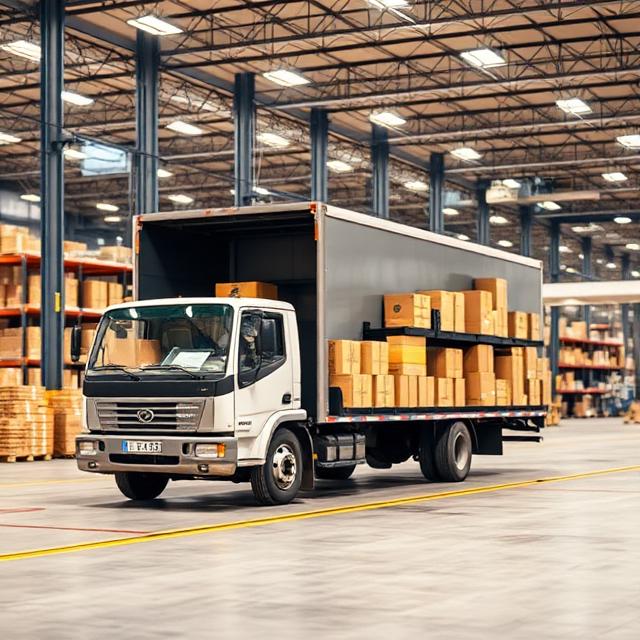 A delivery truck collecting goods from multiple suppliers, showing Milkrun logistics route, modern warehouse background