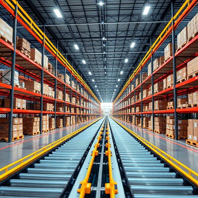 Smart warehouse with IoT sensors and automated conveyor belts, futuristic but realistic