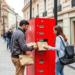 Parcel locker return system in a modern city, customer inserting package into locker, European urban environment