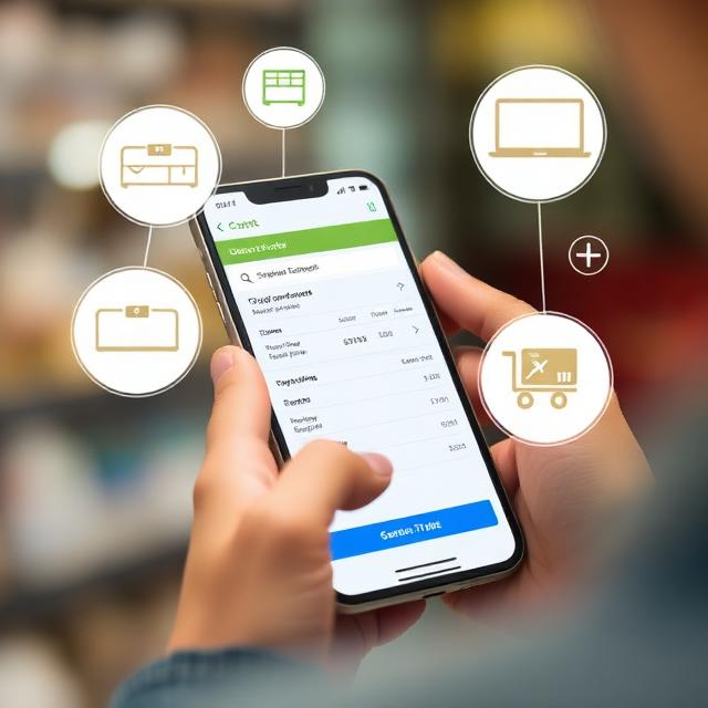 Customer placing an online order on a mobile phone, overlaid with icons representing cross-border shipping and tracking.
