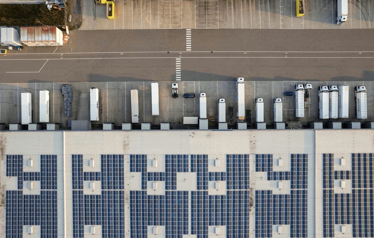 aerial view of trucks on parking