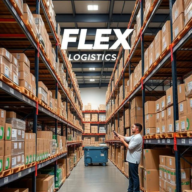 Warehouse with FLEX Logistics branding, showing organized shelves, eco-friendly packaging, and employees scanning inventory