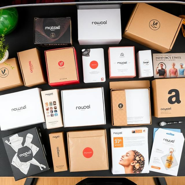 Professional flat-lay of ecommerce packaging, branded boxes, and marketing materials arranged neatly on a desk.