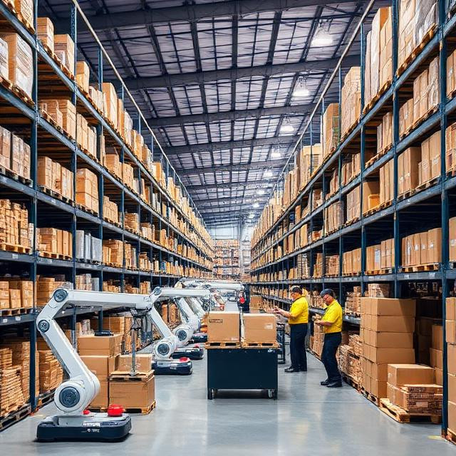 FLEX Logistics warehouse with shelves of products, robots, and workers preparing shipments efficiently.