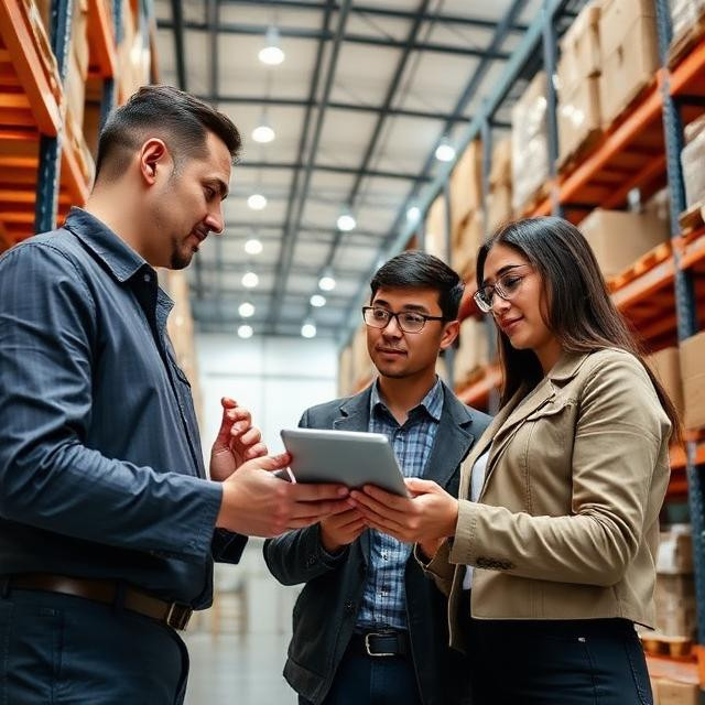 Logistics professionals discussing supply chain strategy using tablets inside a modern warehouse