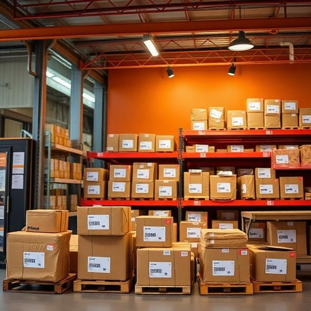 Marketplace order fulfillment concept with parcels labeled for different sales platforms