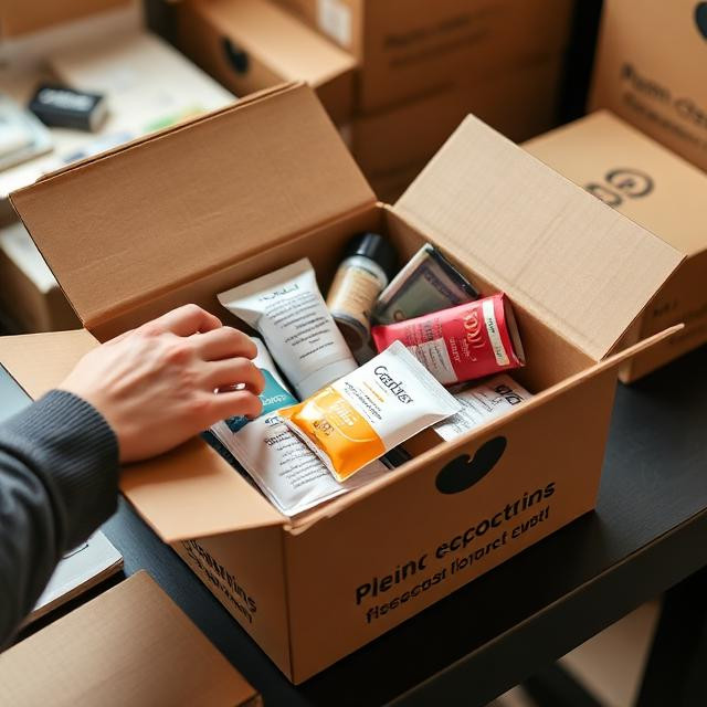 Product samples being packed carefully for shipping, hands placing items into branded ecommerce boxes.