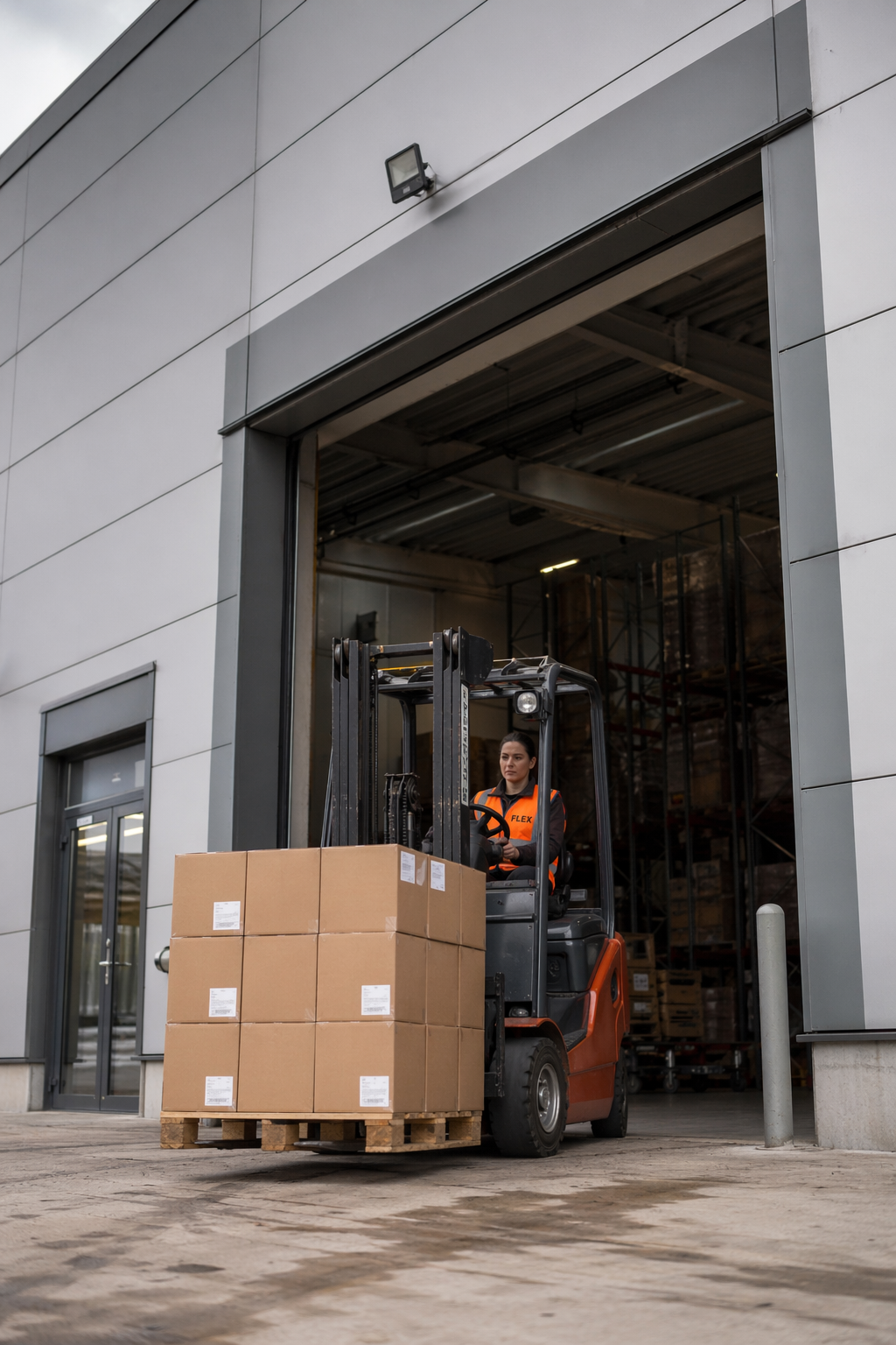 FLEX. forklift operator driving a loaded pallet through the warehouse gate onto the outdoor loading apron