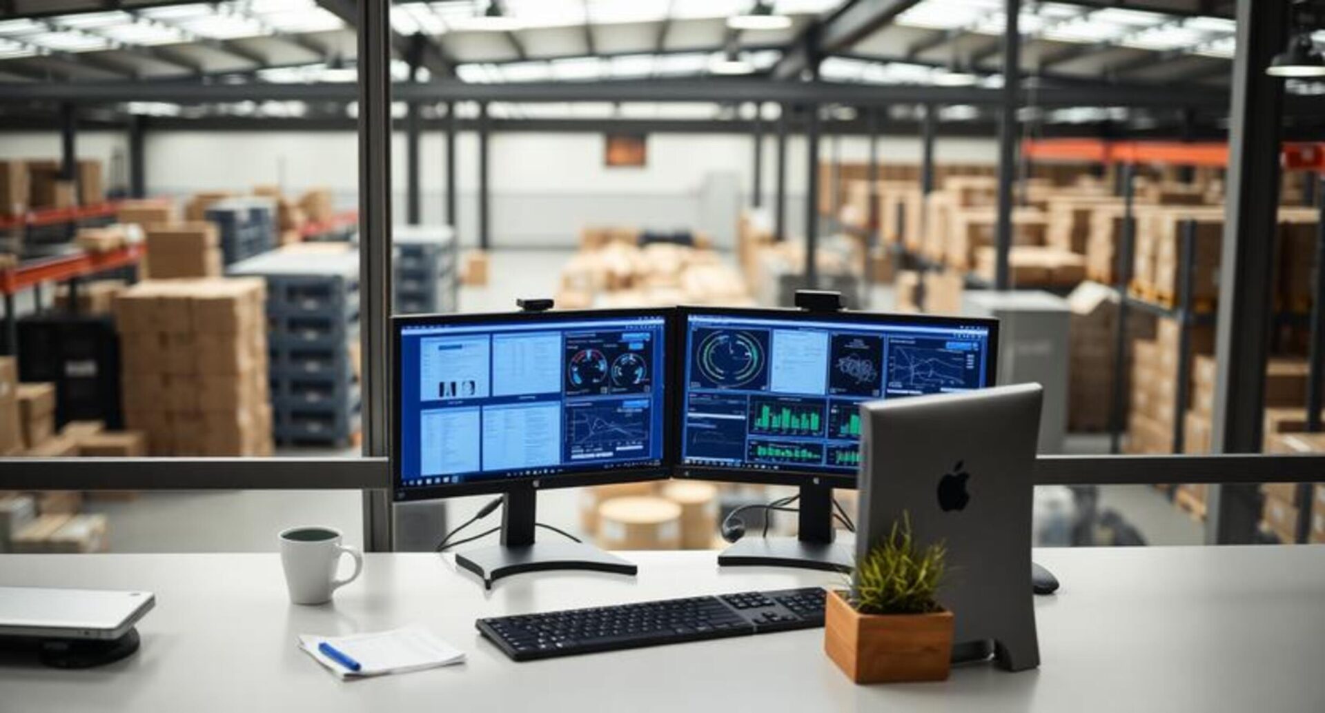 Editorial shot of a FLEX. operations manager in a neutral office setting overlooking the warehouse floor, reviewing digital technical files on a dual-monitor setup for long-term data retention.