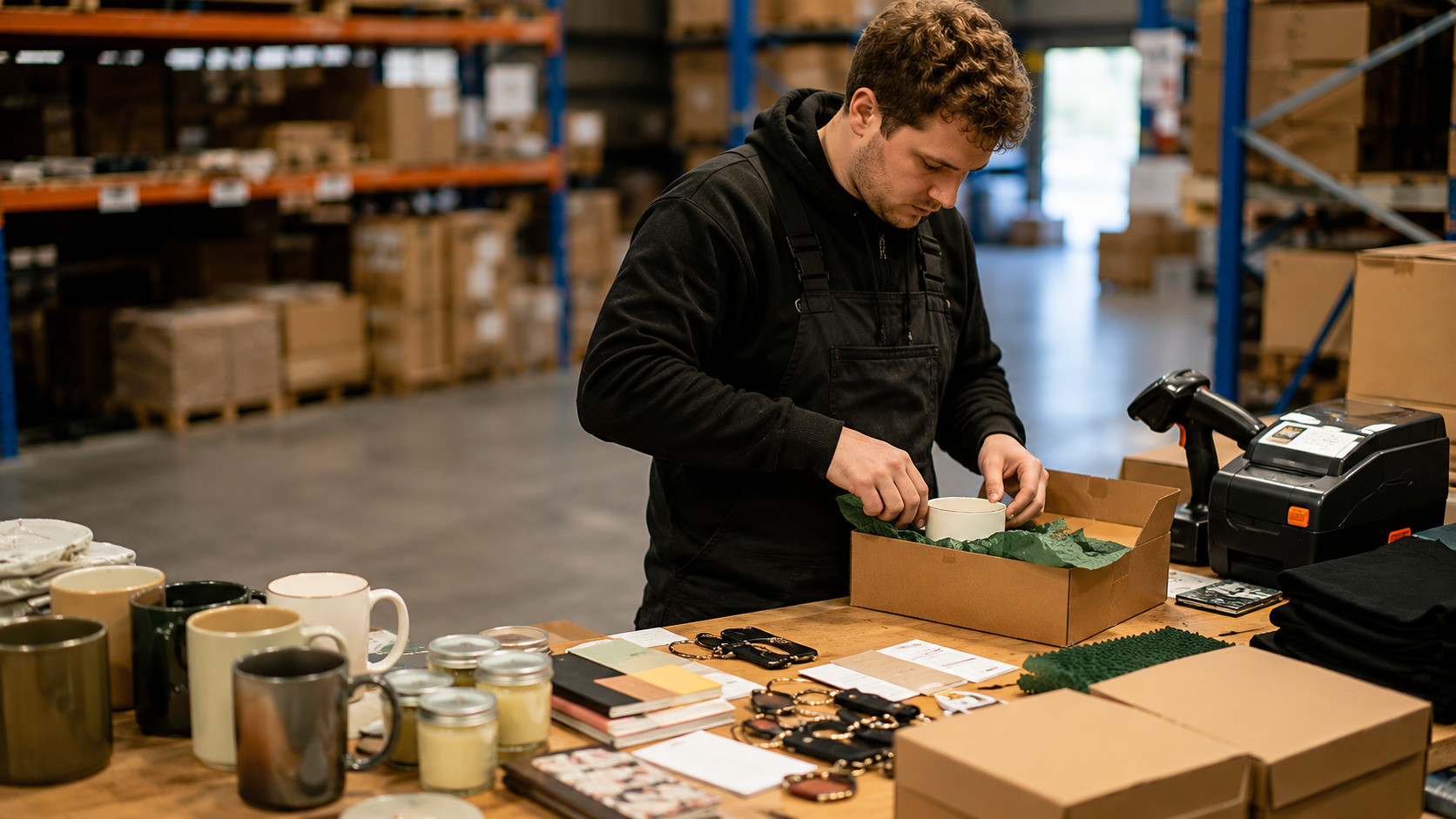 Gift and novelty products being assembled into small order bundles at a warehouse packing table.
