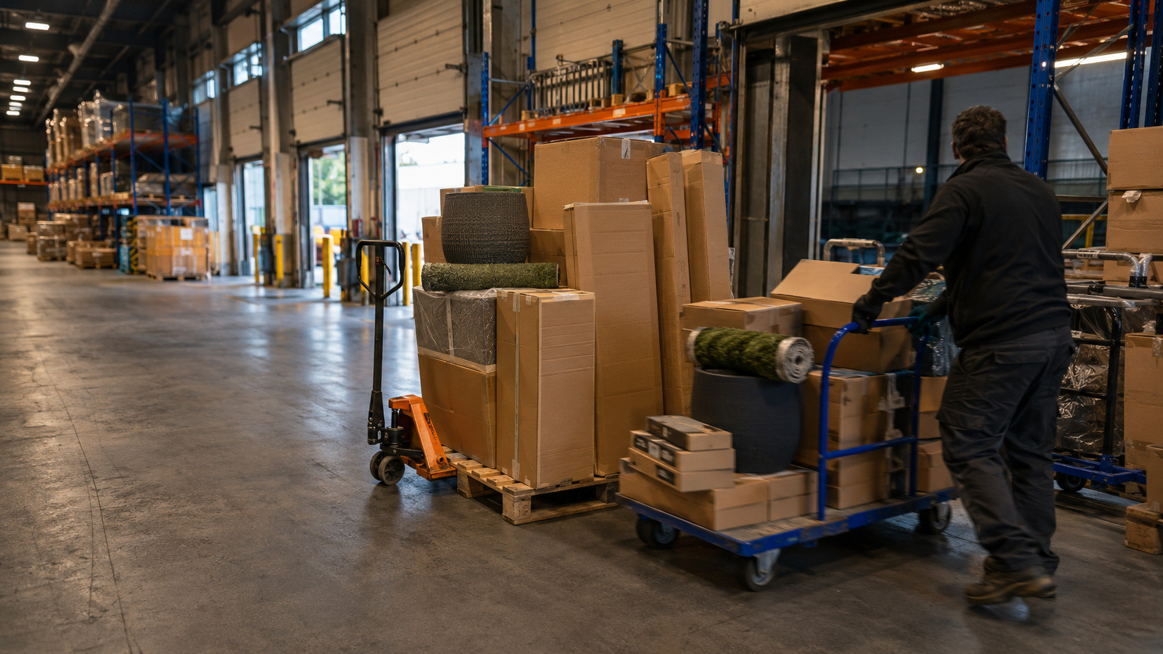 Bulky home and garden parcels staged on pallets and trolleys in a warehouse dispatch area.