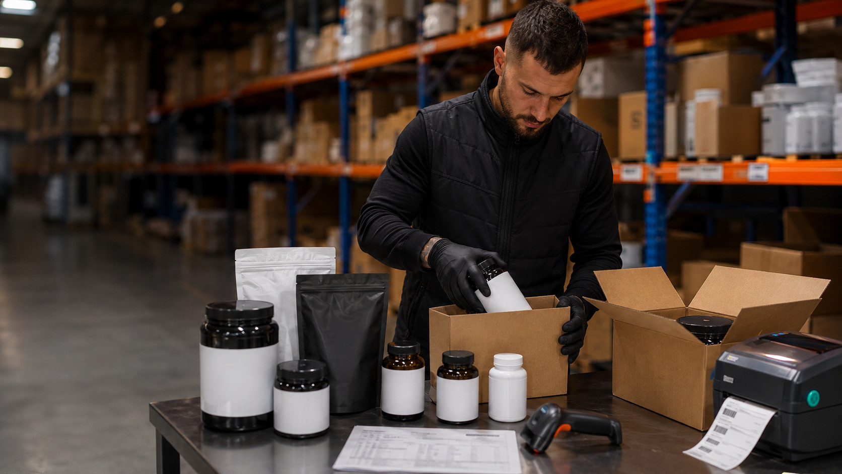 Supplement bottles and pouches being counted and packed into orders at a warehouse workstation.