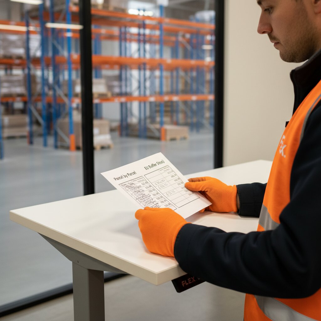 Medium shot of a FLEX. EU customs clearance coordinator in an orange branded vest at a standing desk, holding a single consolidated import entry document in both hands and reading it