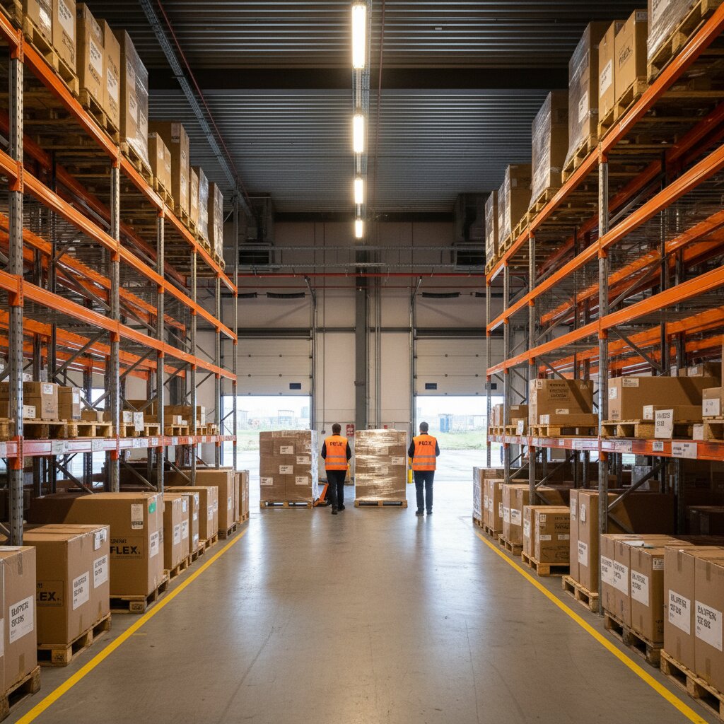 Wide shot from inside a FLEX. EU fulfilment centre looking toward the loading dock