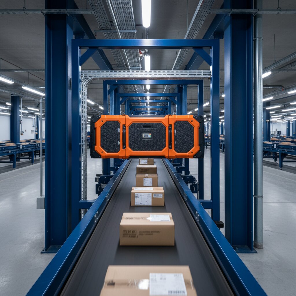 A high-speed multi-lane sorting system guides incoming low-value e-commerce import parcels past an automated data capture node at an EU border terminal