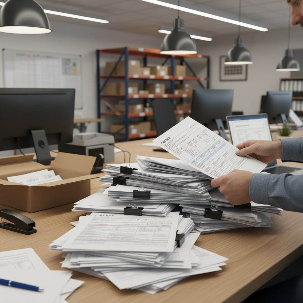Close-up of a worker's hands sorting a stack of commercial invoices and customs paperwork on a warehouse office desk