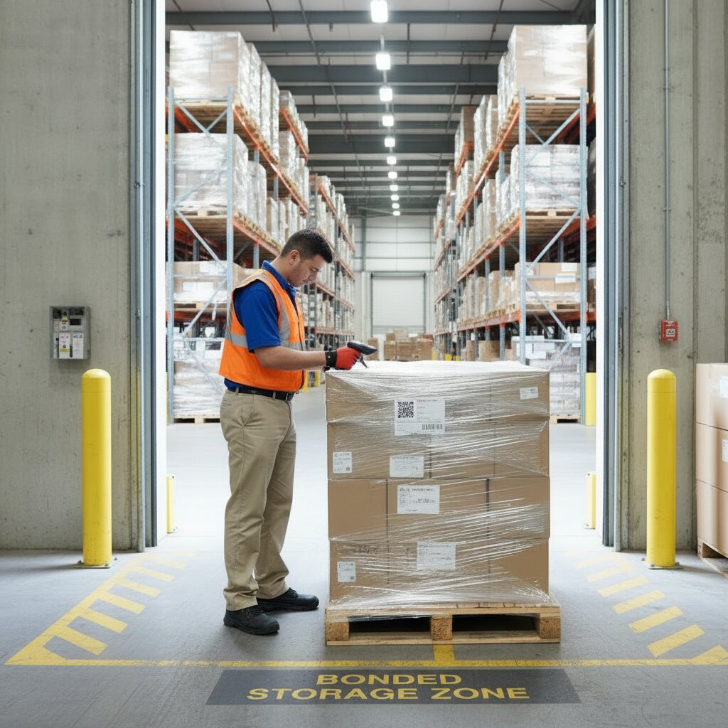 FLEX. worker in orange hi-vis vest scans a pallet label with a handheld scanner at the entrance to a bonded storage zone
