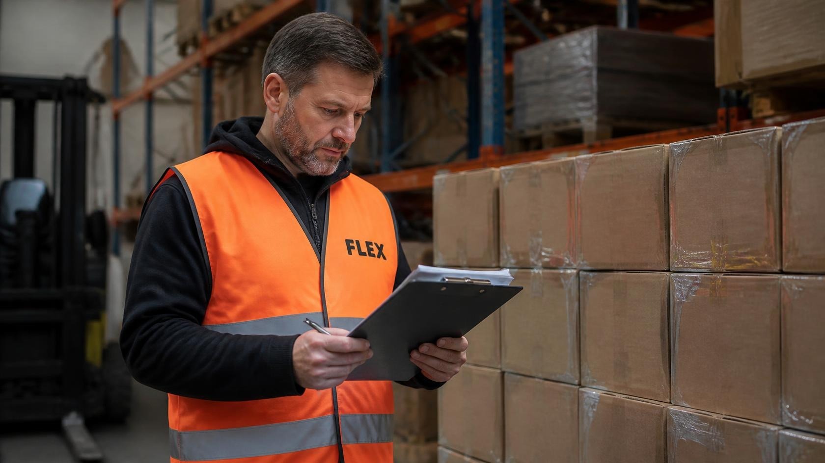 A warehouse worker in an orange hi-vis vest reviews a supplier agreement on a clipboard beside a stack of imported cartons, orange steel racking rising softly out of focus behind