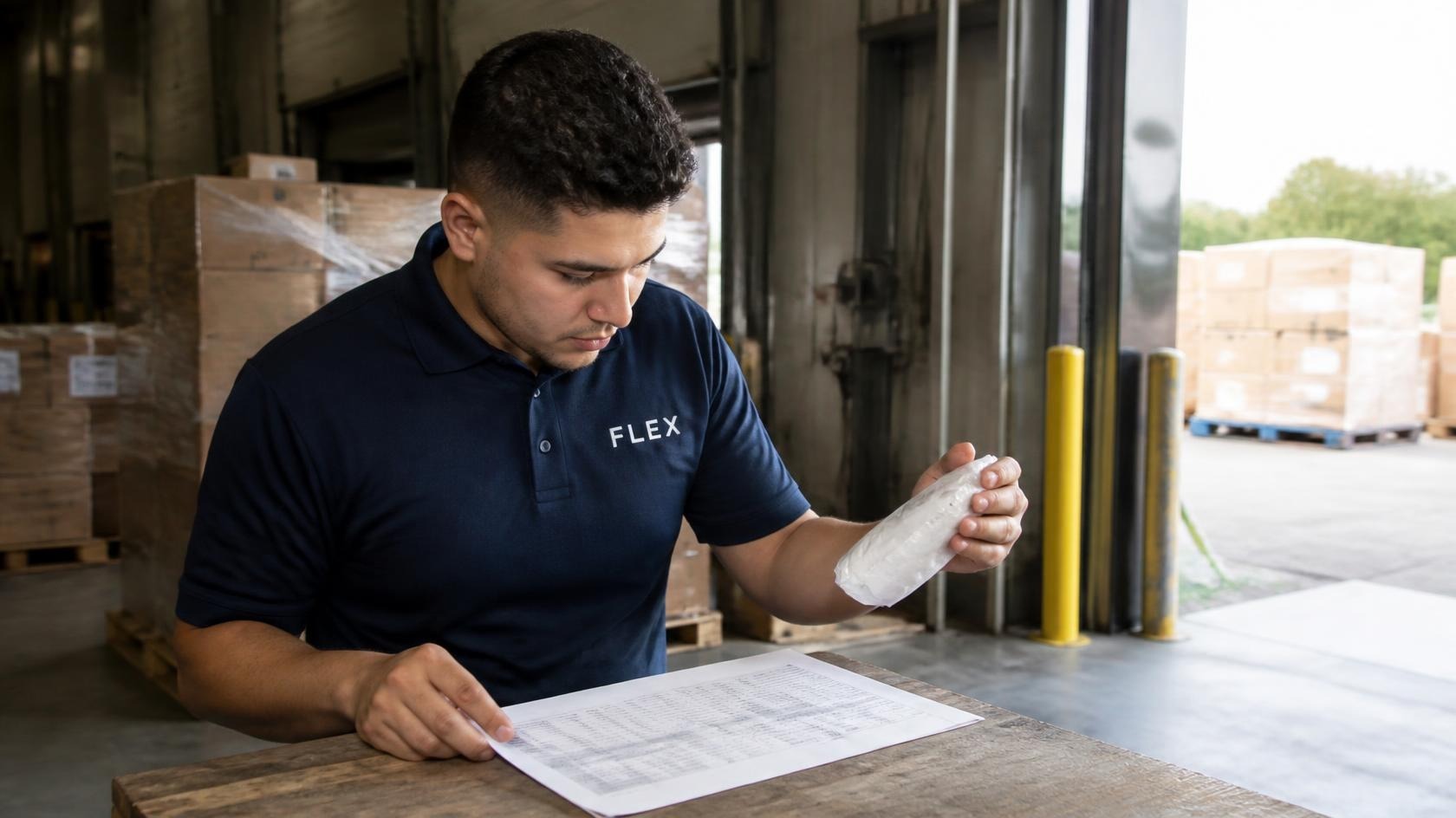 An employee in navy blue polo shirt branded FLEX cross-checks a product's country-of-origin label against a printed compliance record