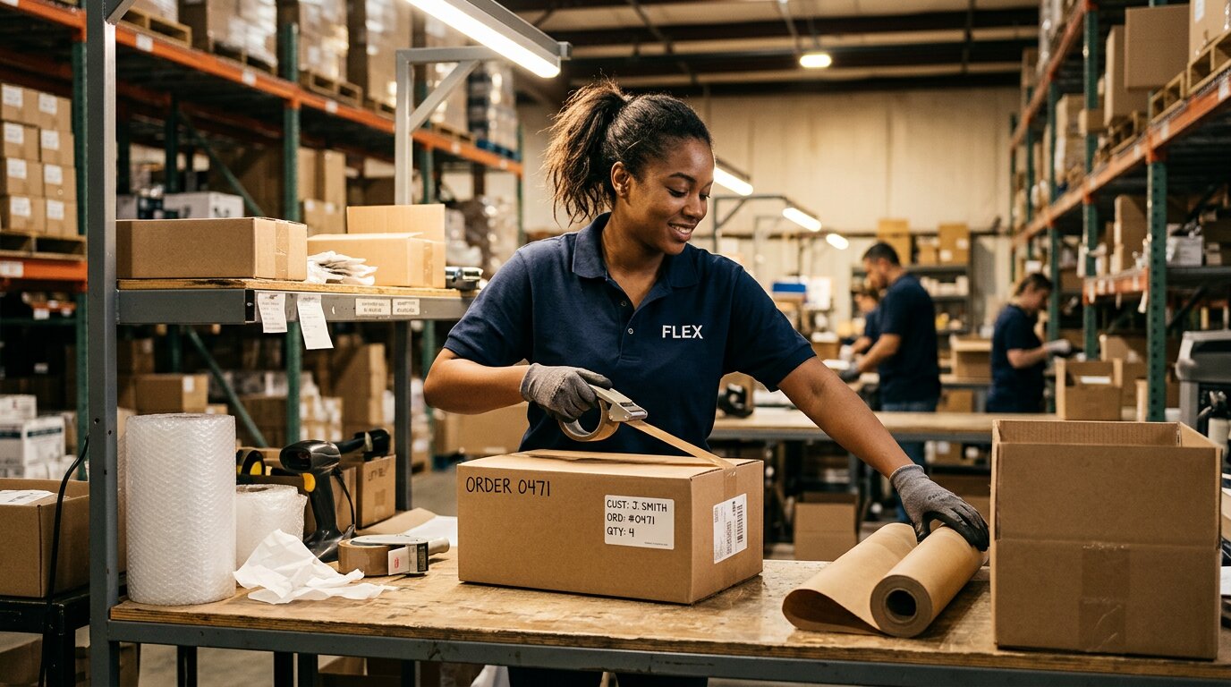 Employee in orange branded workwear packing an own-site order with custom branded materials under warm overhead LED lighting