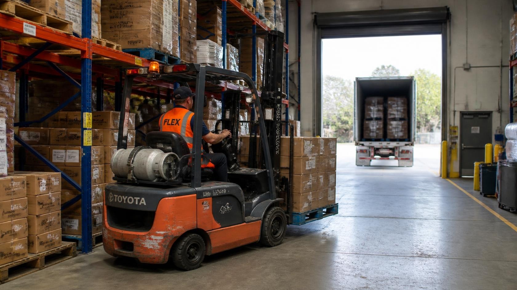 Forklift operator moving inventory past tall orange racking with blue upright columns toward the loading bay.