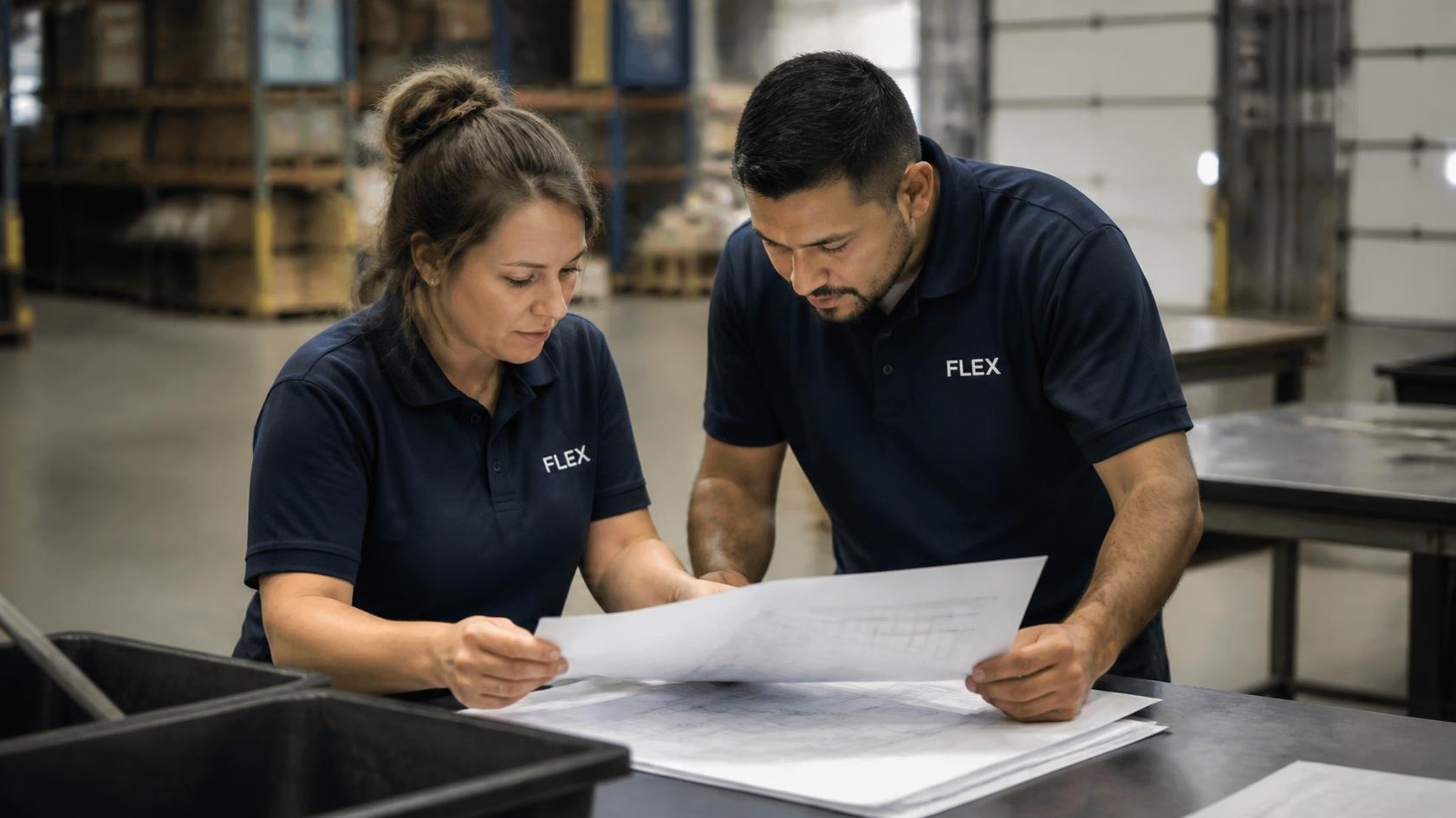 Two employees in avy bluse polo shirts branded FLEX review a product's technical file together at a shared table