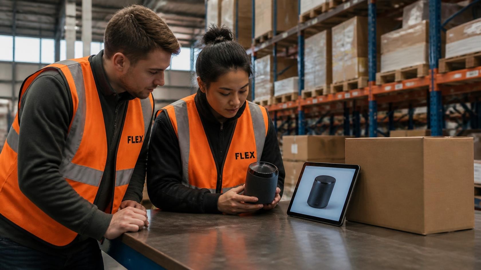 Two warehouse workers in orange hi-vis vests compare a returned item against its original photo on a tablet propped against a cardboard box.