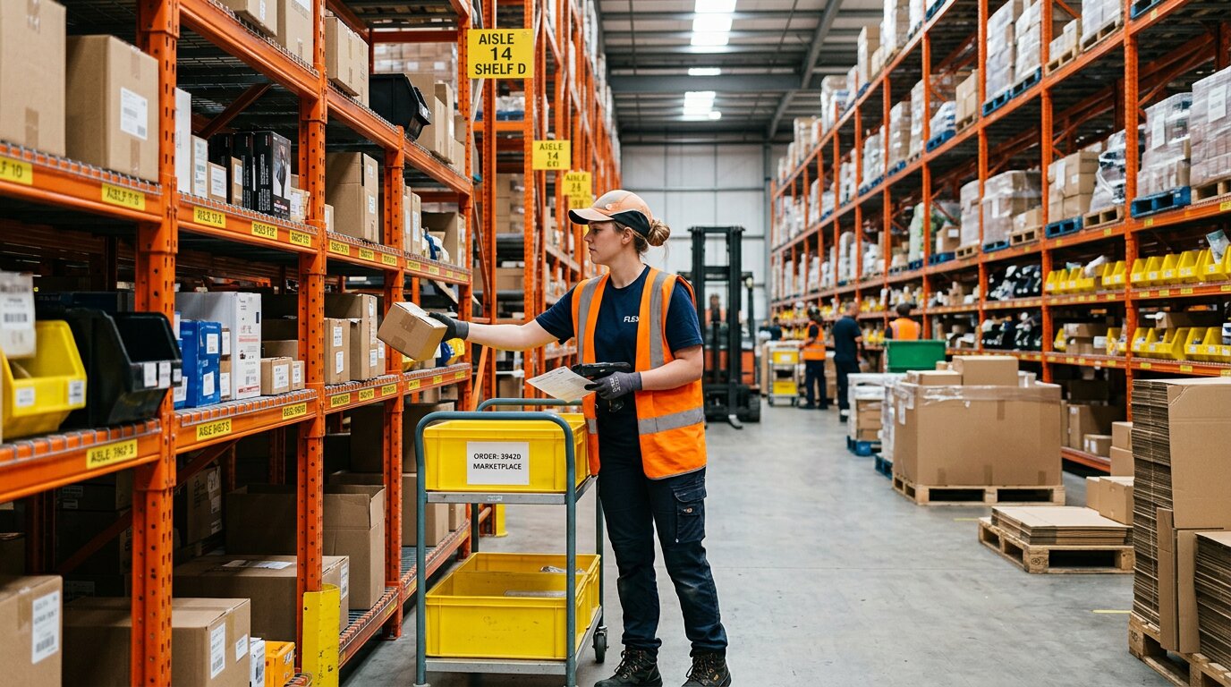 Warehouse worker in an orange hi-vis vest picking an order for a marketplace shipment near tall orange steel racking
