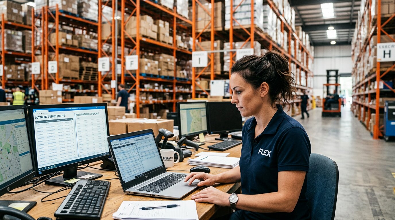 Worker at a dispatch desk reviewing two separate order queues on a laptop screen, orange racking blurred behind them