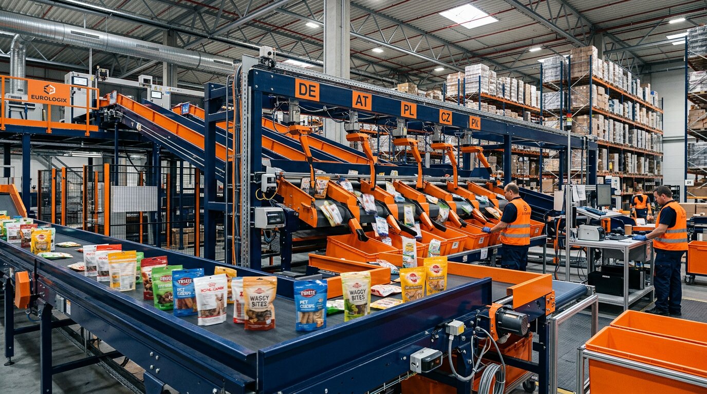 Automated sorting line processing high-volume lightweight pet treat pouches in a Central European 3PL hub