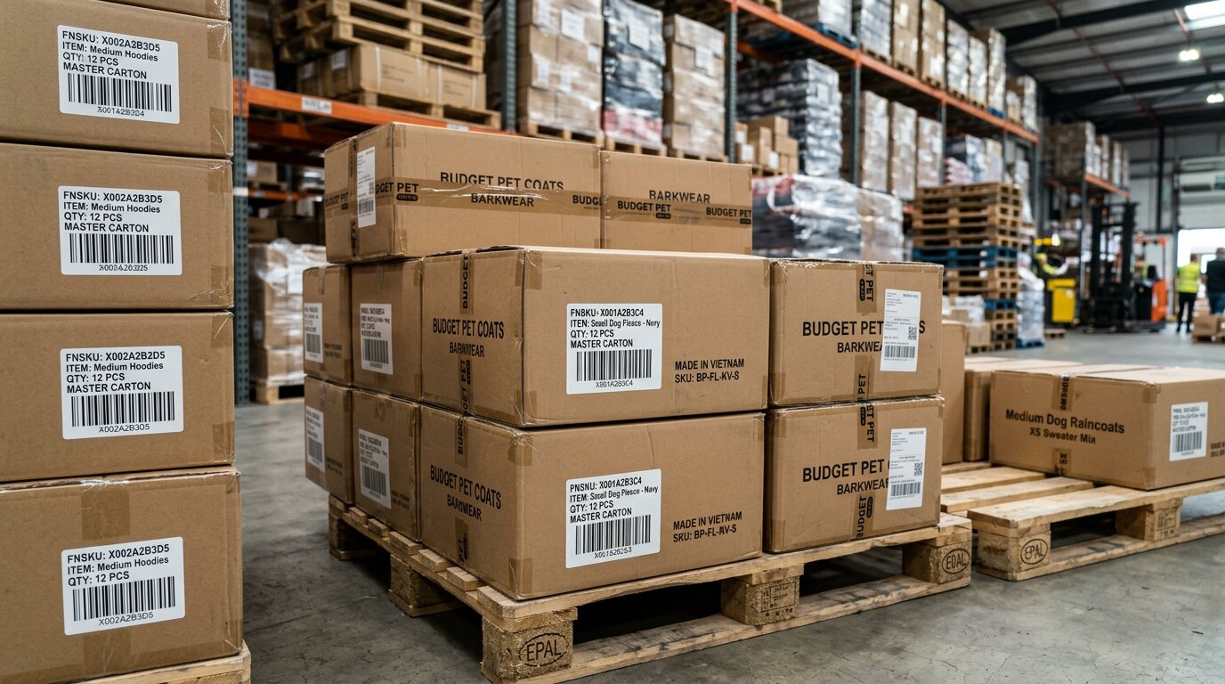 Close-up of scannable FNSKU barcodes on low-priced pet clothing master cartons stacked on Euro-pallets