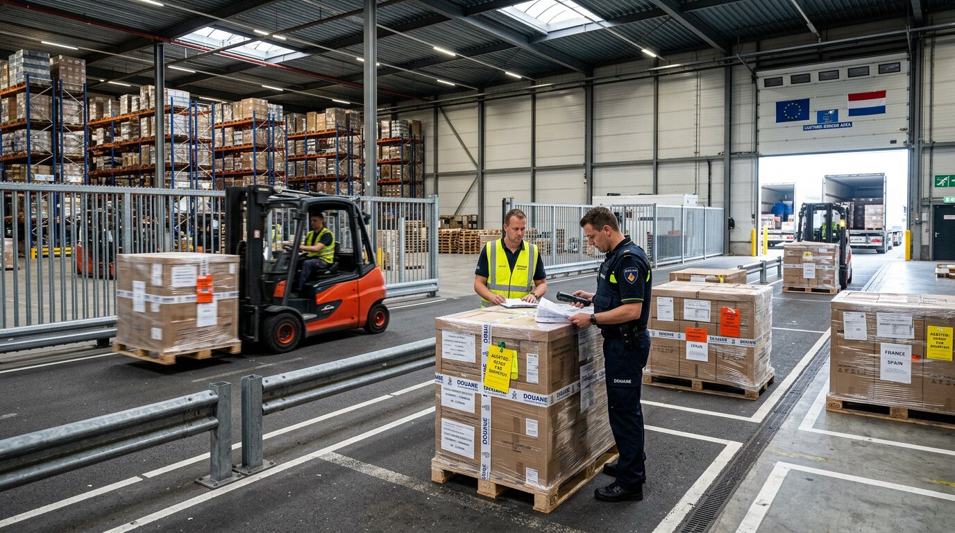 Customs inspection area in a European bonded warehouse with audited goods ready for cross-border dispatch