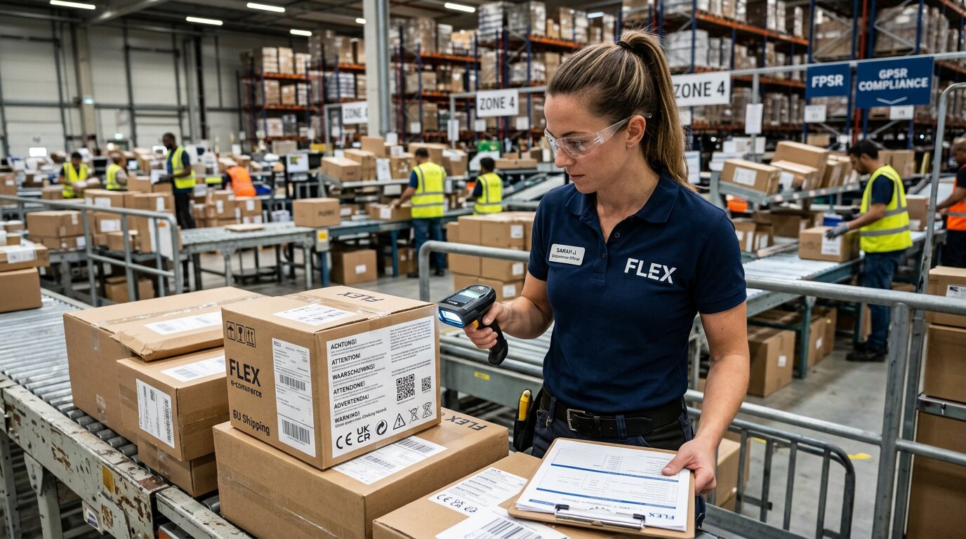 Logistics compliance officer verifying multi-lingual GPSR warning labels on e-commerce packages in an EU warehouse