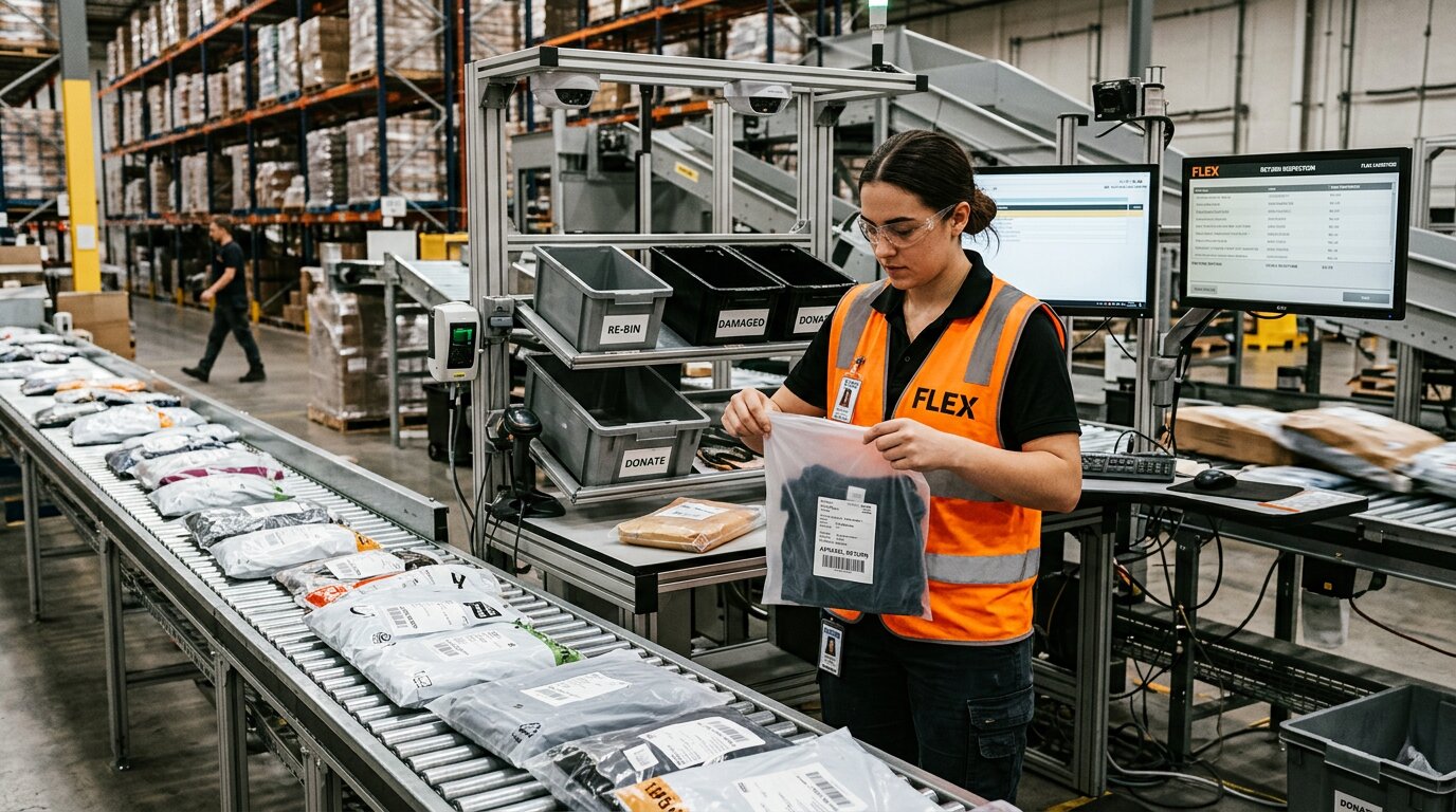 Warehouse operator inspecting returned apparel polybags at an automated reverse logistics workstation