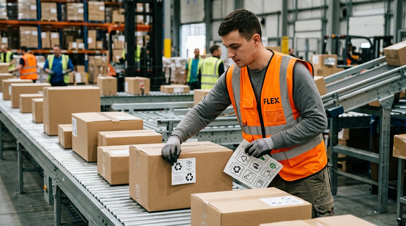 Worker applying eco-compliant EPR recycling icons and localized packaging labels on a fast-moving fulfillment line